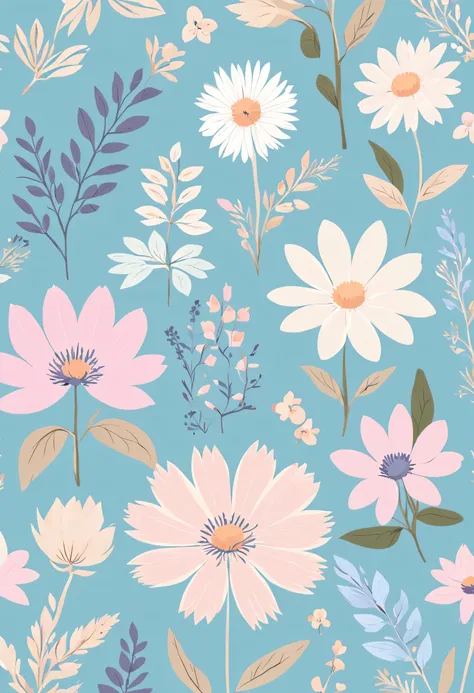 Small floral design, botanical style, label style, flat style, vector style, drawing style, naïve style, in very soft pastel colors, such as pink, Pastel purple, pastel beige, pastel blue, light blue, beige, light pastel pink