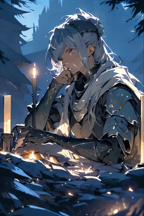 (best quality,4k,8k,highres,masterpiece:1.2), fantasy, Gray haired female knight, beautiful, detailed face, night, sitting on a campfire overlooking castle