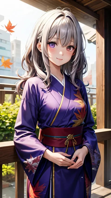 25 years old Japanese lady (( small breast, slender)), short wavy hair,((smooth curly hair)), (( rainbow colored ))(( various colored highlights)),(( so much shaggy forelock:1.4)), bluish purple Japanese clothes ((maple leaf patterns )), ((shiny heterochro...