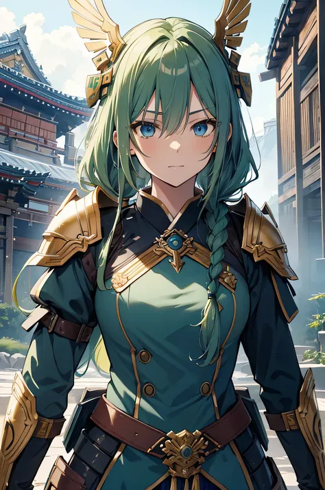 4K,High resolution,one woman,green hair,long hair,Braid,blue eyes,Valkyrie,warrior,gray holy armor,heavy armor,hat with feathers,Jewelry Decoration,gold decoration,sacred Japanese sword,temple in the sky