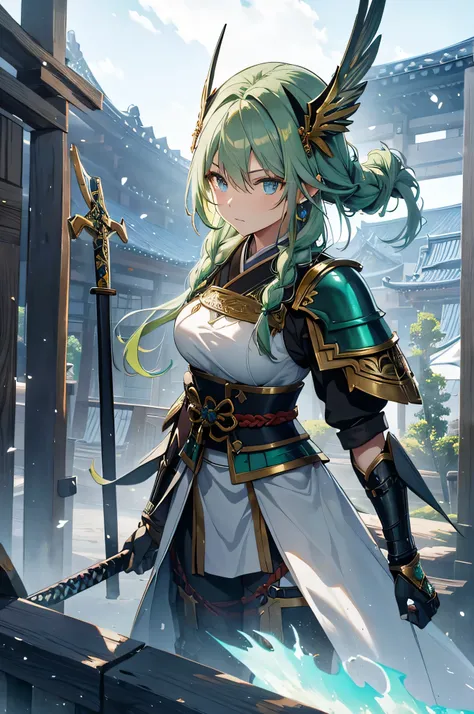 4K,High resolution,one woman,green hair,long hair,Braid,blue eyes,Valkyrie,warrior,gray holy armor,heavy armor,hat with feathers,Jewelry Decoration,gold decoration,sacred Japanese sword,temple in the sky