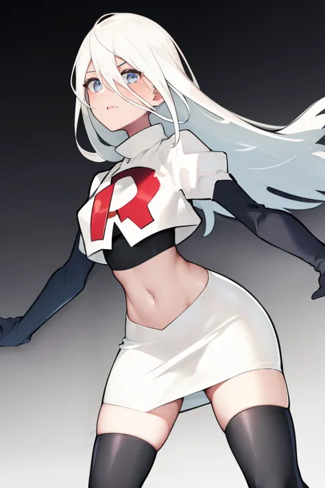 yorha type a no. 2, 1girl, absurdres,  android, blue eyes, hair between eyes, long hair, robot, solo, white hair, 

team rocket,...