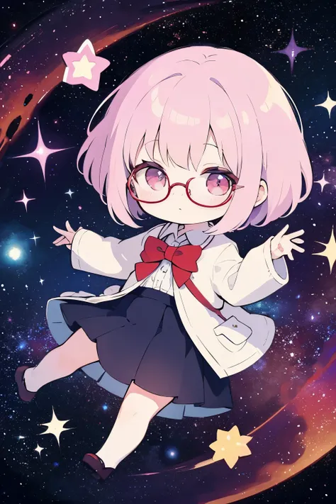 Chibi girl teaching cosmology、red glasses、Galaxy painting on background