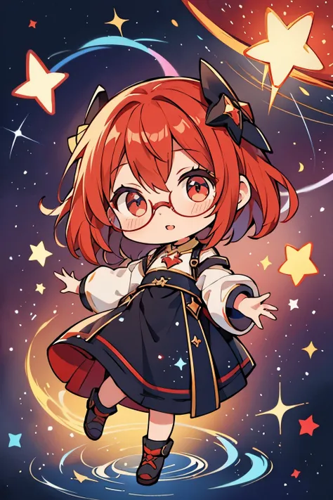 Chibi girl teaching cosmology、red glasses、Galaxy painting on background