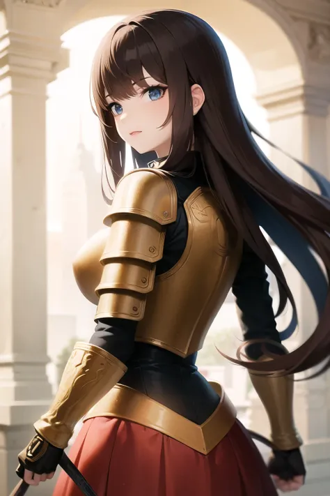 anime girl  whit an armor, brown hair entering to a acantilate