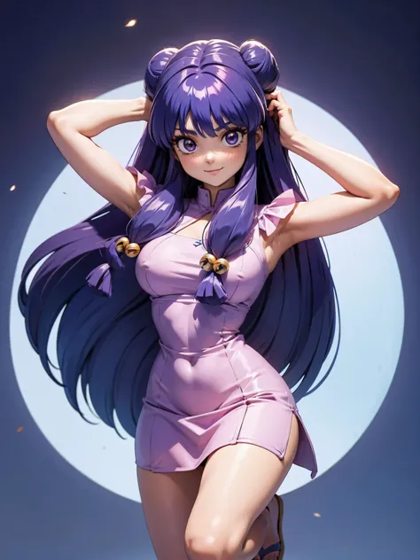 Garota anime sorrindo cabelo purple longo, usando vestido longo purple sexy, 16 anos, hands in hair, WITH YOUR HANDS BEHIND YOUR HEAD, corpo bonito, seios grandes, cabelo roxo purple, long purple hair, garota sexy, purple hair long, gorgeous lighting, somb...