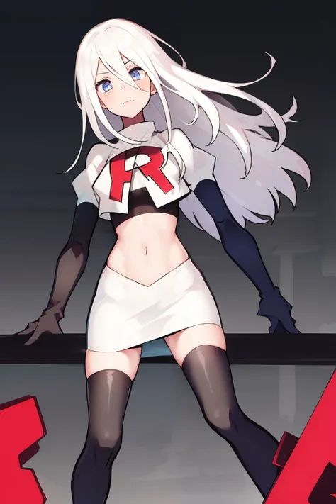 yorha type a no. 2, 1girl, absurdres,  android, blue eyes, hair between eyes, long hair, robot, solo, white hair, 

team rocket,...