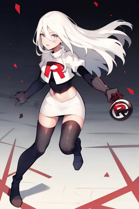 yorha type a no. 2, 1girl, absurdres,  android, blue eyes, hair between eyes, long hair, robot, solo, white hair, 

team rocket,...