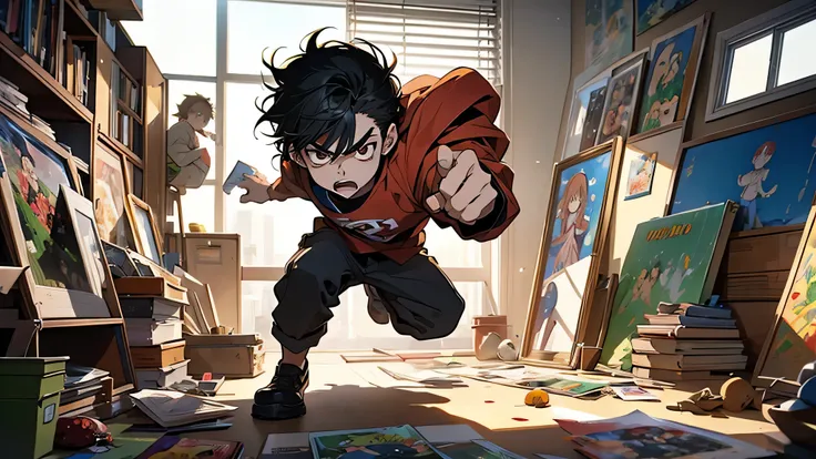 Cartoon boy angrily throws things in the messy room，Expression of anger，Childrens picture books，Childrens storybook illustration，red tint，High-quality fanart, Detailed fandom, childrens art in artstation, official fanart, 2D illustration, 2D illustration, ...