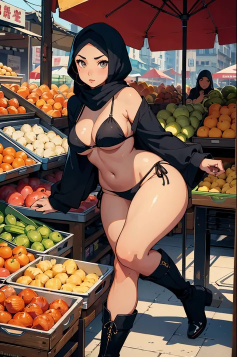 a thick Malay woman(age 30),huge breasts,black hijab,black mini skirt,no panties,string bikini top,knee high boots,shopping in market,illustration,vivid colors,highres,physically-based rendering,detailed face features,beautiful eyes,detailed lips,expressiv...