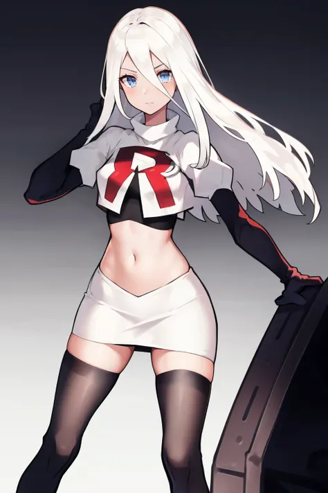 yorha type a no. 2, 1girl, absurdres,  android, blue eyes, hair between eyes, long hair, robot, solo, white hair, 

team rocket,...