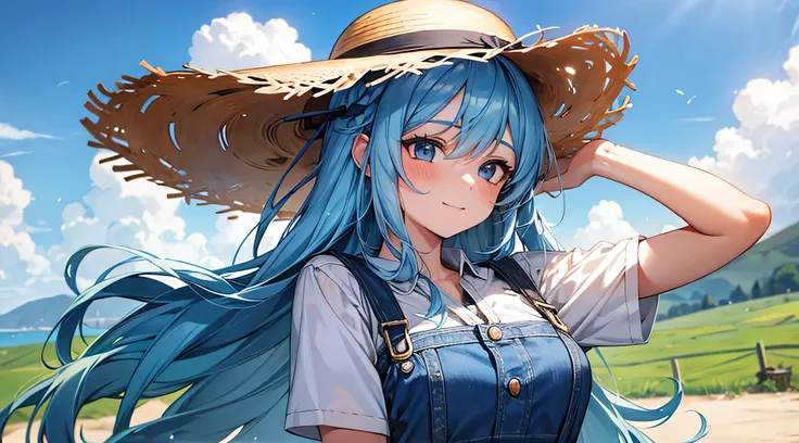 small, Pretty Woman, cute, happy, light blue hair, big bust, long hair, black eye, straw hat, Denim suspenders, (Put one hand above your head)