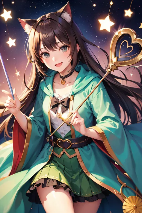 masterpiece、最high quality、最high quality、wizard&#39;s green robe、brown hair cat ears girl、A happy smile holding a magic wand、Birthday Party、celebration、Storm of Hearts、valentine&#39;s day、fantasy、high quality、high resolution、Professional Artist