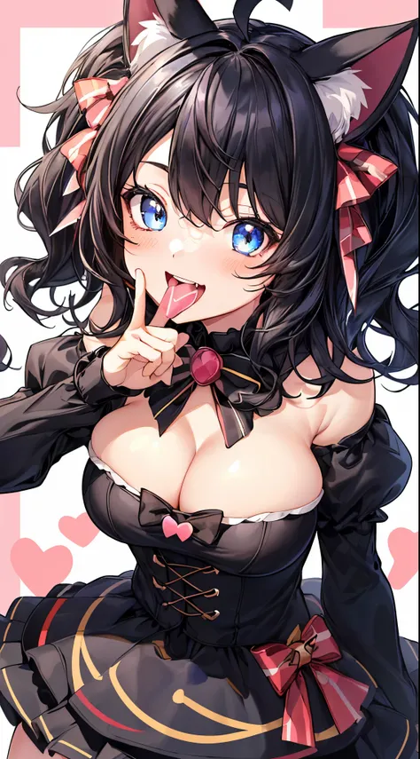 looking at the viewer, 1 girl, open your mouth, smile, Virtual YouTuber、with a girl、((highest quality, expensive_solve, clear_image)),(black hair), (black cat ears), (Ahoge), (ridiculously short hair), (wavy hair), (blue eyes),、laughter、very big breasts,va...