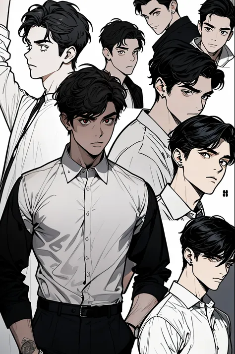 ((1boy)), black hair, detailed eyes, white shirt, handsome young man, 20 year old, emoji pack, multiple angles, 8 different angl...