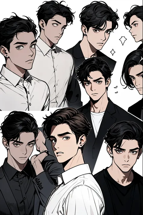 ((1boy)), black hair, detailed eyes, white shirt, handsome young man, 20 year old, emoji pack, multiple angles, 8 different angl...