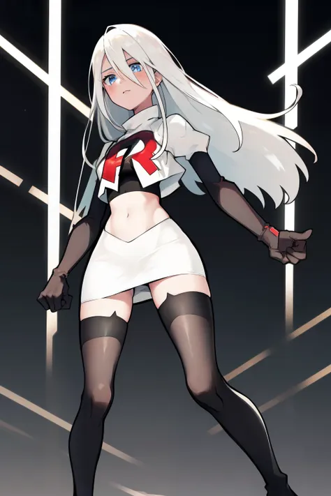 yorha type a no. 2, 1girl, absurdres,  android, blue eyes, hair between eyes, long hair, robot, solo, white hair, 

team rocket,...