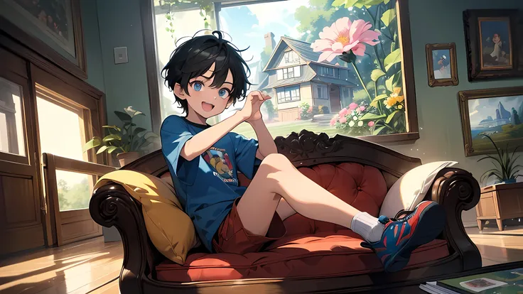  a little boy of 5 years old, with blue eyes and light short black hair. He wears a bright blue shirt with drawings of flowers or animals, red shorts and yellow shoes., sits in his cozy house surrounded by bright flowers and greenery. His eyes sparkle with...