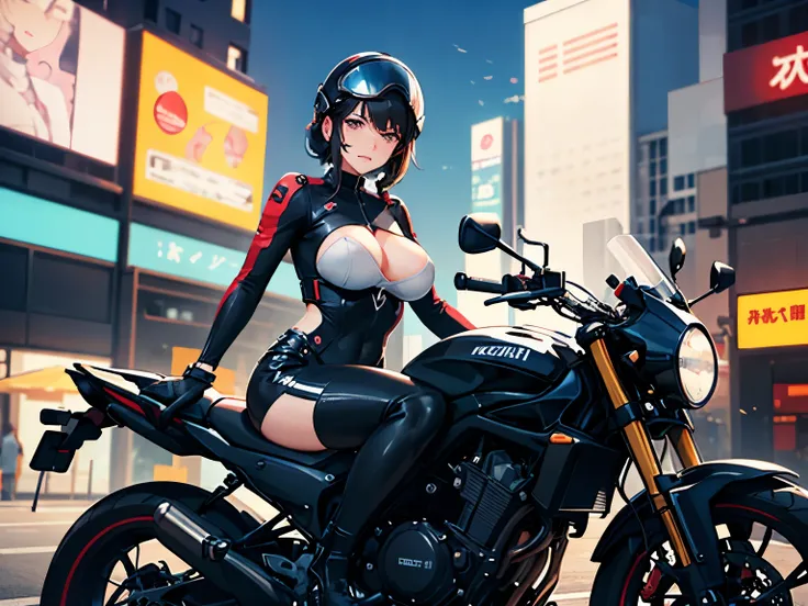 Best quality, 8k, Masterpiece, Hollywood movie style watercolor:1.3, (1 girl, very cute girl,) upper body, (half helmet with blak hair:1.3), embarrassed, tightsuit, full body suit, glossy, gloves, bigbreasts , 1girl,kusanagi motoko,koukaku, riding 1motorcy...