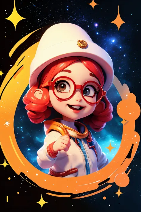 Chibi girl teaching cosmology、red glasses、Galaxy painting on background