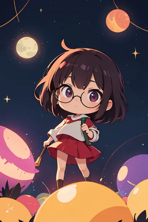 Chibi girl teaching cosmology、red glasses、Galaxy painting on background