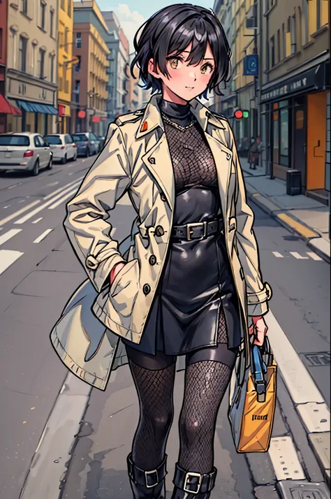 best quality,ultra-detailed,((full body)),((one boy)),((short hair)),((man body)),((dress up as a woman)),blush,flustred,((no breasts)),((trench coat)),((long boots inblack)),vibrant colors,soft lighting,background:street