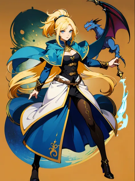 Beautiful female wizard, tall, yellow hair, blue eyes, serious, detailed face, full body, medieval, fantasy, action pose, dragon background