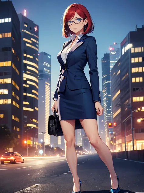 1girl, medium breasts, bare legs, shoes, shoes, city backdrop, solo, single, standing, full body shot, cowboy shot, beautiful detailed eyes, blue eyes, mature lady, glasses, office lady, blue suit, blue pencil skirt, miniskirt, red hair, bob hair