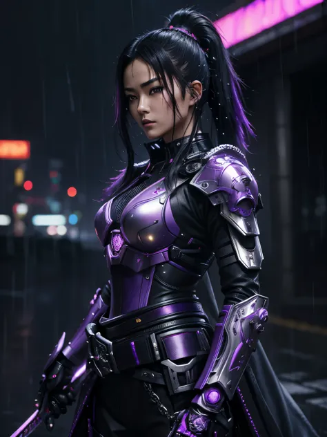 Portrait cinematic view intricate details of chromatic purple and black cyberpunk android body of Samurai women holding his plasma katana, fighting mode, detailed bright glow eyes, standing with pride, under a raining daylight, his extreme details metallic...