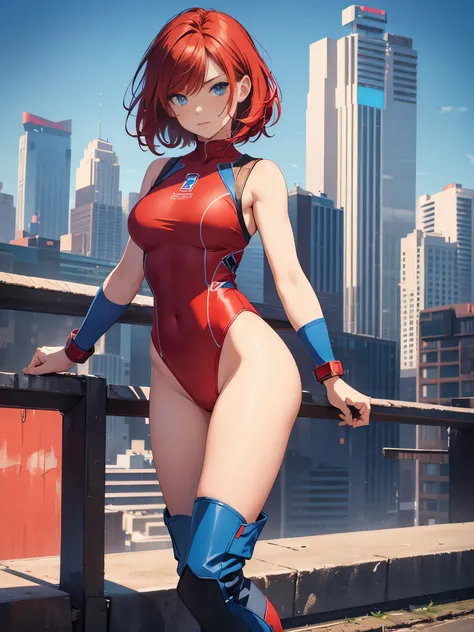 1girl, medium breasts, leotard, red leotard with blue accents, bare legs, boots, matching boots, bracelets, city backdrop, solo, single, standing, full body shot, cowboy shot, beautiful detailed eyes, blue eyes, mature lady, red hair, bob hair, superhero 