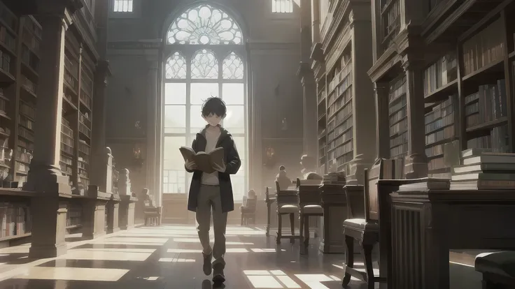 Generate an illustration in an illustrative style featuring a young boy in an old library surrounded by ancient books. The atmosphere should be dimly lit, with a single ray of light streaming through a window, casting a warm glow onto the boy and the dusty...