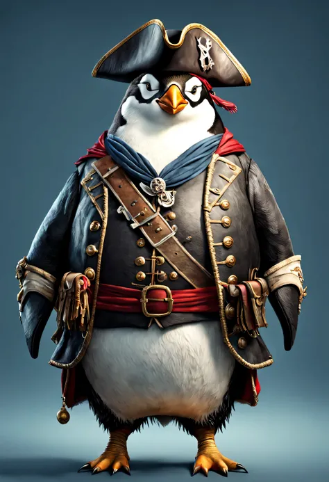 photorealistic portrait of Dressed animals - a ((fat)) penguin pirate,(brave pose), high quality,(lovely) ,intricate details, highly detailed ((pirates hat and clothes)) ,,highly detailed decorations, , (brave), studio lighting,(full body image:1.5)