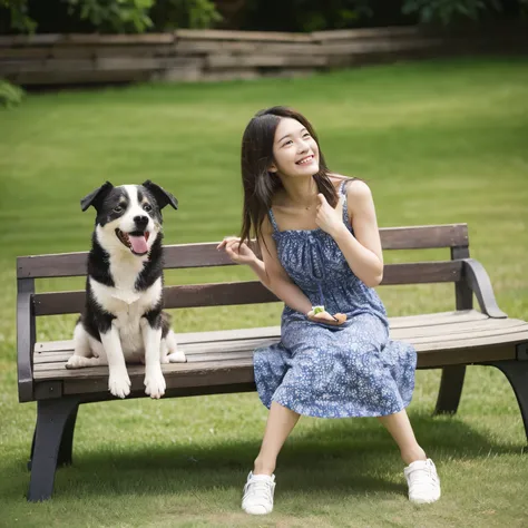 highest quality, a woman was sitting on a bench , summer_dress, dogs printed in the dress　破れたdress　laughing