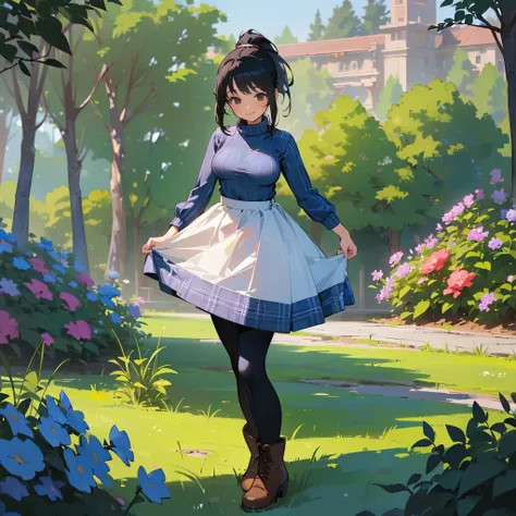 (high quality, high resolution, Super detailed, Reality:1.37), peaceful atmosphere, (outdoor, garden), Teenage girl standing alone, (My breasts are big.), Beautiful detailed features, cute smile, (black hair ponytail), ribbed sweater, blue plaid skirt, Bla...