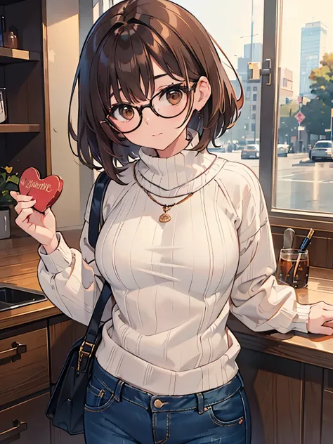 1 woman、brown hair(short)、brown eyes、black round glasses、 best quality、Super detailed、8K resolution、Raw photo、muste piece、seductive 、gorgeous face、perfect body、sweater、denim pants、valentine&#39;s day