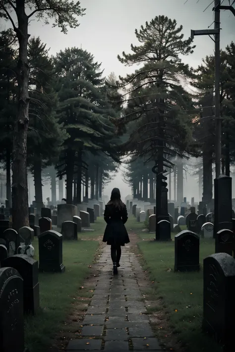 Woman walking through a graveyard, dark and eerie setting, landscape photography, inspired by Photographer Mikko Lagerstedt Creative & Emotional Landscape Photography