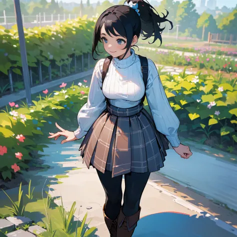 (high quality, high resolution, Super detailed, Reality:1.37), peaceful atmosphere, (outdoor, garden), Teenage girl standing alone, (My breasts are big.), Beautiful detailed features, cute smile, (black hair ponytail), ribbed sweater, blue plaid skirt, Bla...