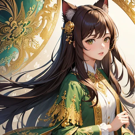 (masterpiece, highest quality, highest quality, official art, beautiful and aesthetic:1.2), (1 girl:1.3), (fractal art:1.3), beautiful brown hair, cat ears, green long robe