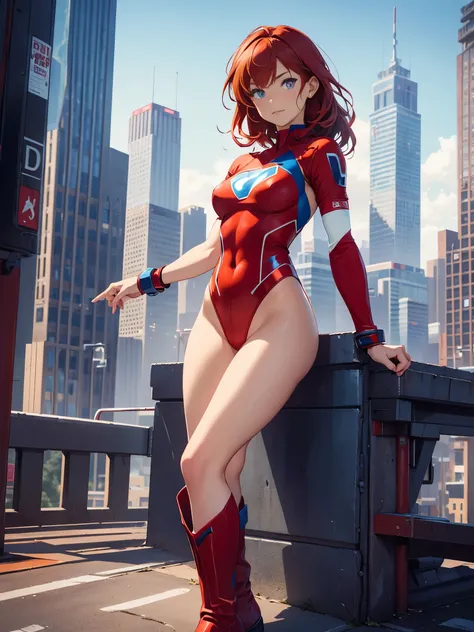 1girl, medium breasts, leotard, red leotard with blue accents, bare legs, boots, matching boots, bracelets, city backdrop, solo, single, standing, full body shot, cowboy shot, beautiful detailed eyes, blue eyes, mature lady, red hair, medium hair, superher...