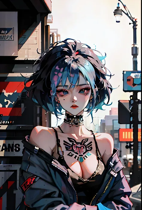 anime girl with blue hair and piercings on a city street, digital cyberpunk anime art, anime style 4 k, digital cyberpunk - anime art, anime style. 8k, cyberpunk anime girl, anime cyberpunk art, cyberpunk anime art, anime styled digital art, female cyberpu...