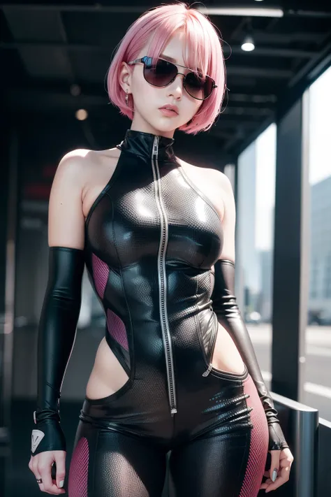 Waist up hot teen (masterpiece) with bob short pink hair, best quality, expressive eyes, perfect face, wearing a tight detailed ornad sci-fi cyberpunk combat plugsuit & sunglasses, sharp focus