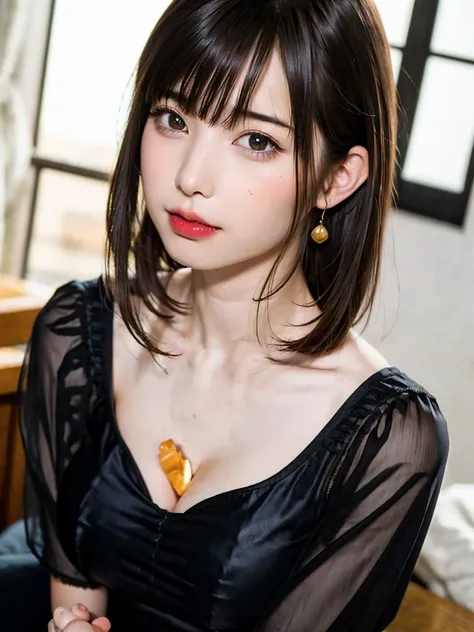 (table top, highest quality、high detail:1.4、very attractive beauty、Adds intense highlights to the eyes、look closely at the camera:1.4、Beautiful woman full of charm、ideal body proportions、perfect anatomy、brunette short bob hair、shiny hair、bangs:2、光沢のあるbangs...