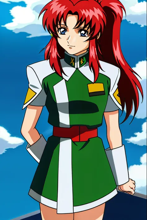 anime girl with red hair wearing a green and white uniform, lady palutena, boromir of 80 years\'s anime world, gainax anime styl...