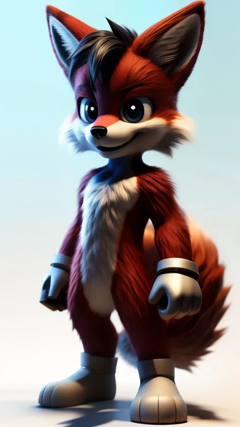 (red furred wolf), (short black hair), big eyes, smiling, masterpiece, detailed body, detailed face, male, detailed eyes, thin, no shadows, light background, full body, (style of miles tails prower), (red fur:2), 3D