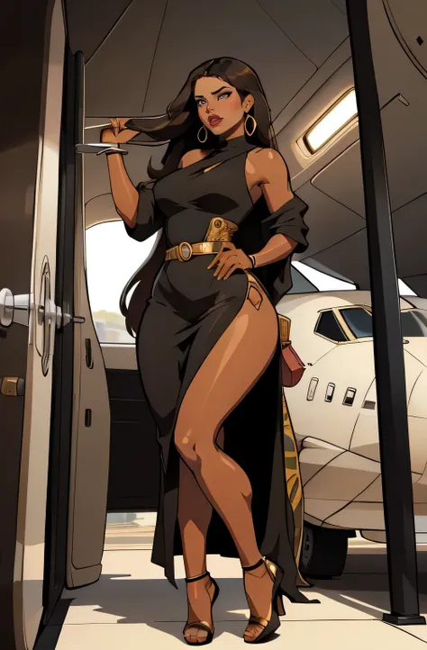 getting on a private jet (a 35 year old woman) brown skin, solo, 1 girl, portrait, african long hair, super detailed, modern style, direct look, full body wearing black dress