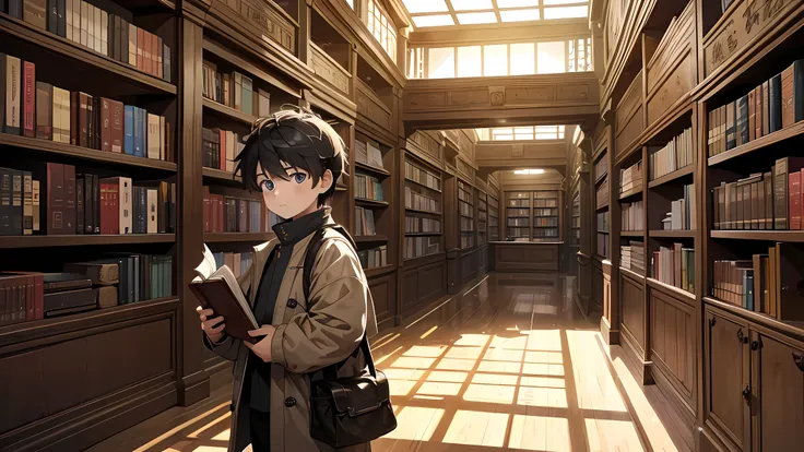 The little boy read intently，The face was full of excitement and curiosity。The large bookshelves around are lined with old books，The air smells of dust and history。