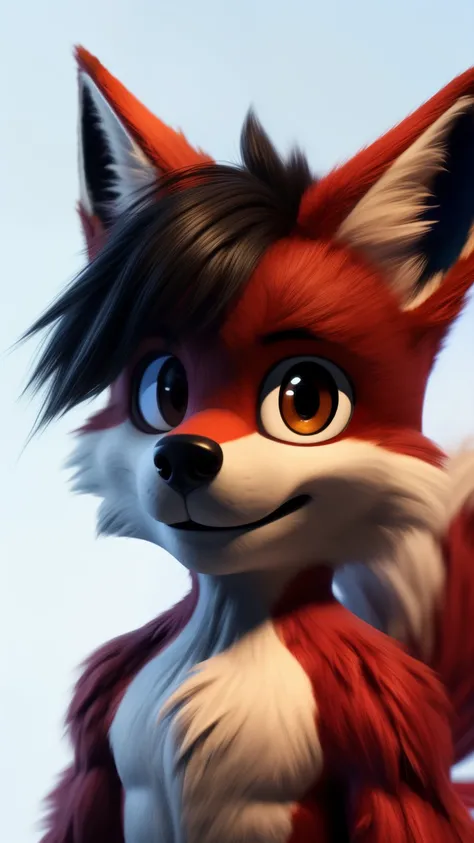 (red furred wolf), (short black hair), big eyes, smiling, masterpiece, detailed body, detailed face, male, detailed eyes, thin, no shadows, light background, full body, (style of miles tails prower), (red fur:2), 3D, brown eyes, looking at the viewer