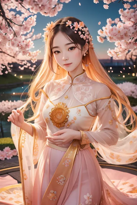 best quality, 32k, RAW photo, incredibly absurdres, extremely detailed, delicate texture, cherry blossoms at the top, orange lilies at the bottom, and a beautiful celestial maiden dance in the circular golden lattice in the center, pastel color