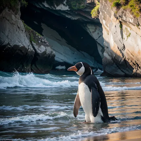 Crie uma imagem de pinguins se divertindo na praia 