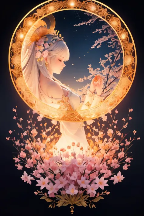 best quality, 32k, RAW photo, incredibly absurdres, extremely detailed, delicate texture, cherry blossoms at the top, orange lilies at the bottom, and a beautiful celestial maiden dance in the circular golden lattice in the center, pastel color